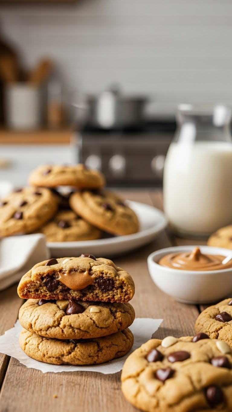Close-Up Of A Perfect Vegan Almond Butter Chocolate Chip Cookie, Golden-Brown With Chewy Interior, On Rustic Wood. Plant Milk In Background.