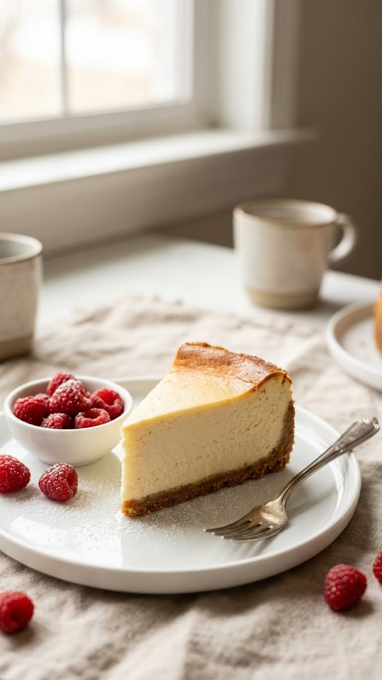 Close-Up Of A Perfectly Baked New York Style Cheesecake Slice With Creamy Texture, Golden Crust, Fresh Raspberries, And Powdered Sugar On A White Plate In A Cozy Kitchen.