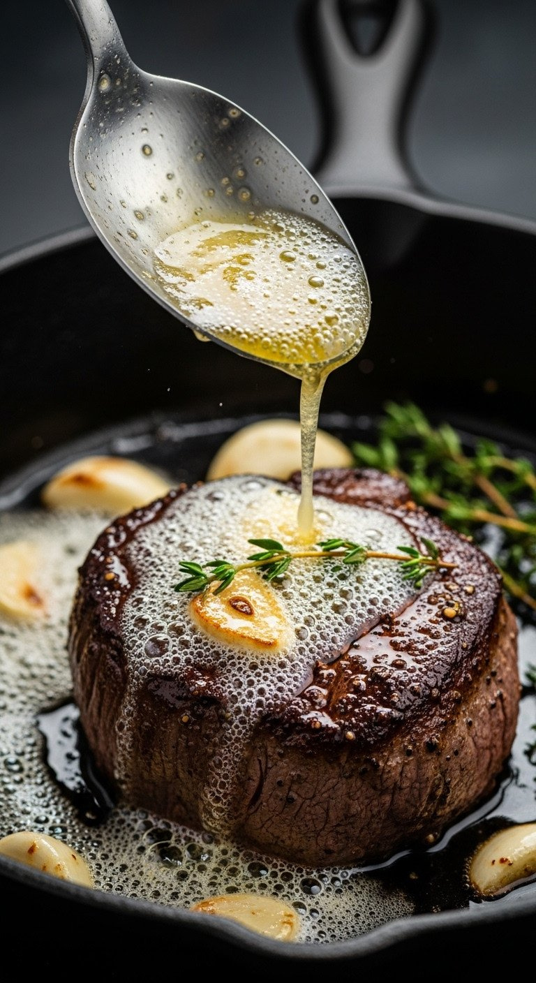 Close-Up Of A Seared Filet Mignon Steak In A Cast Iron Pan Being Basted With Foaming Butter, Garlic, And Thyme.