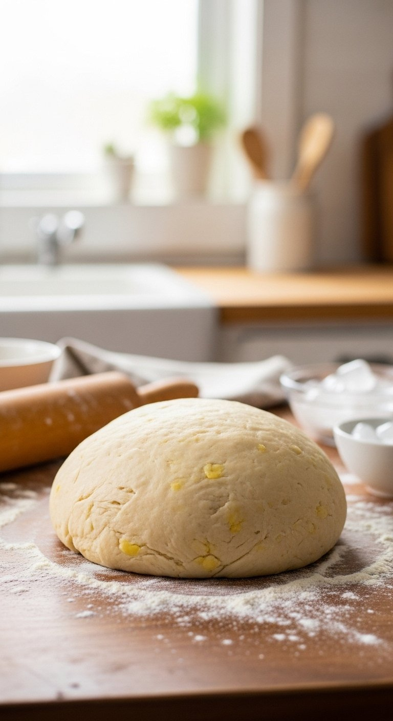 Close-Up Of A Smooth Ball Of Homemade Pie Dough With Butter Flecks On A Rustic Floured Wooden Surface.