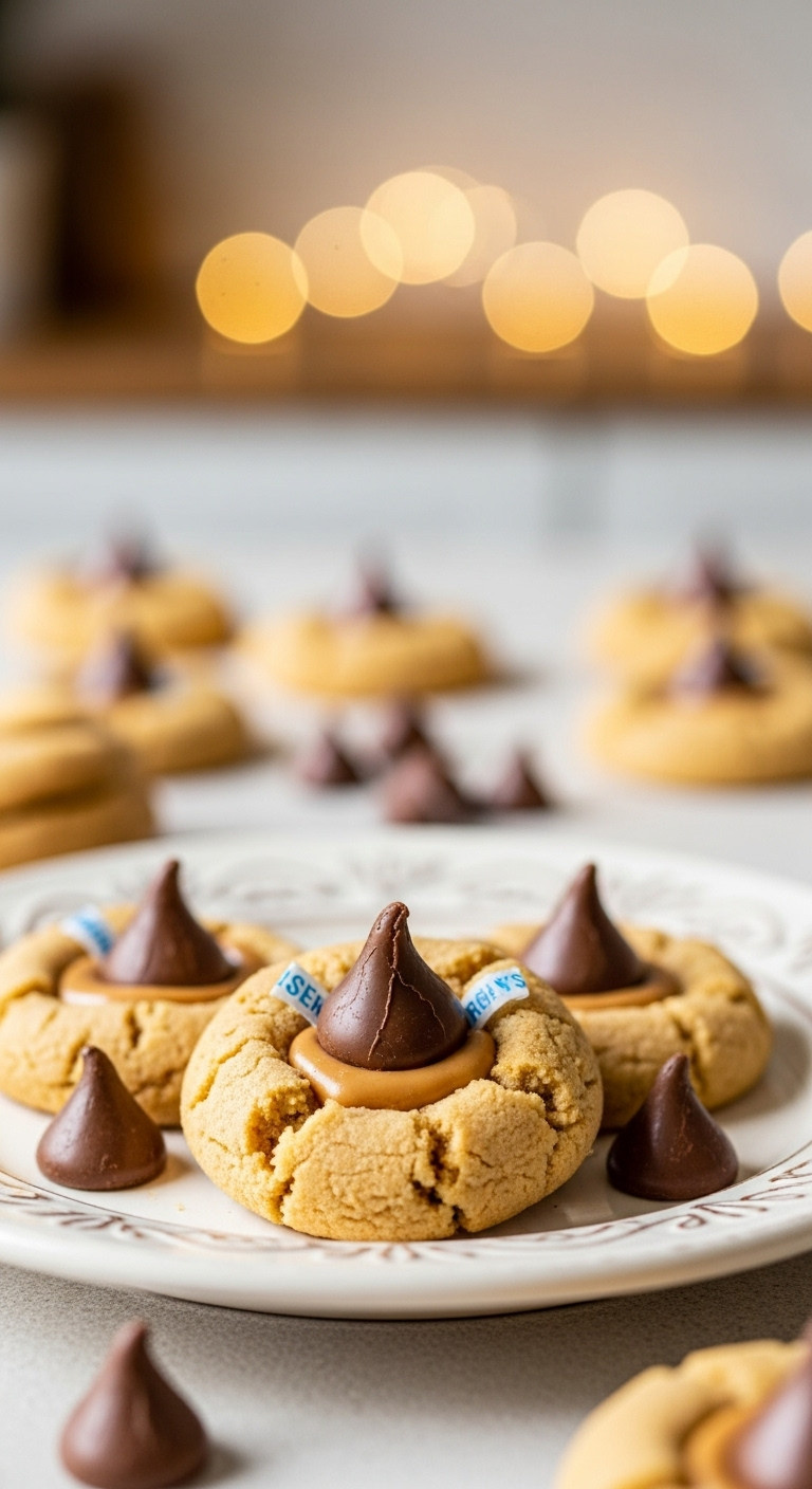 Close-Up Of A Soft Peanut Butter Blossom Cookie With A Glossy Hershey's Kiss On A Vintage Plate With Holiday Lights.