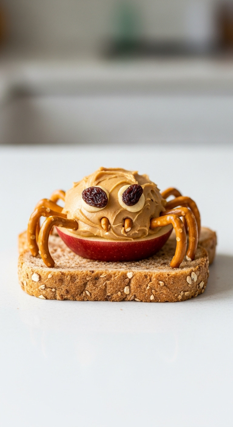 Close-Up Of A Spooky Peanut Butter Apple Spider With Pretzel Legs And Raisin Eyes On Whole Wheat Toast. Fun Halloween Snack.
