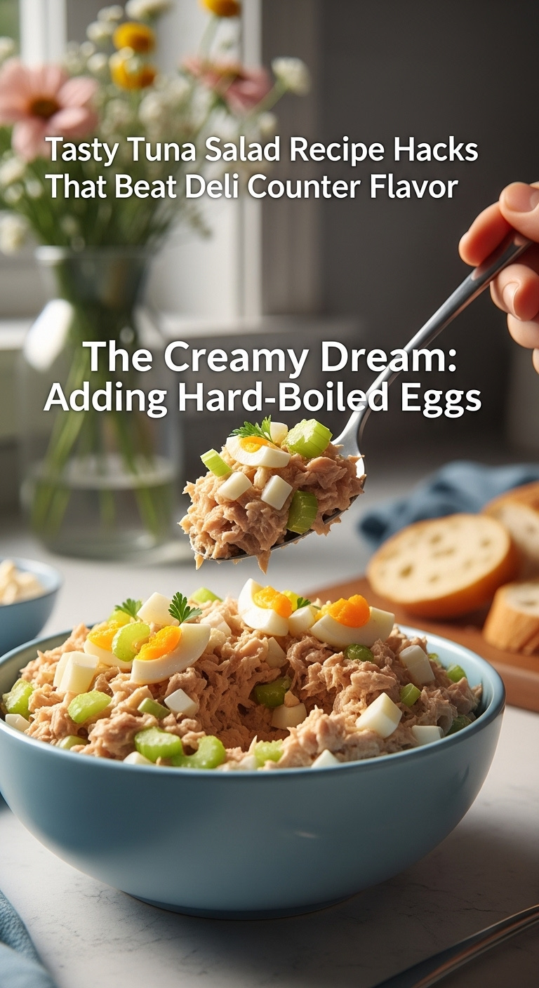 Close-Up Of A Spoonful Of Creamy Tuna Salad With Chopped Hard-Boiled Egg And Celery Being Lifted From A Light Blue Ceramic Bowl