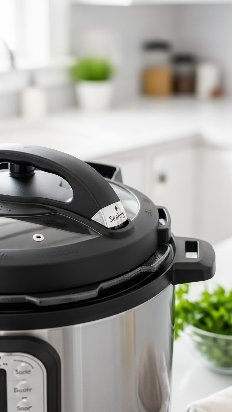 Close-Up Of A Stainless Steel Instant Pot Lid Securely Sealed, Black Handle Aligned, Pressure Valve Set To 'Sealing'.