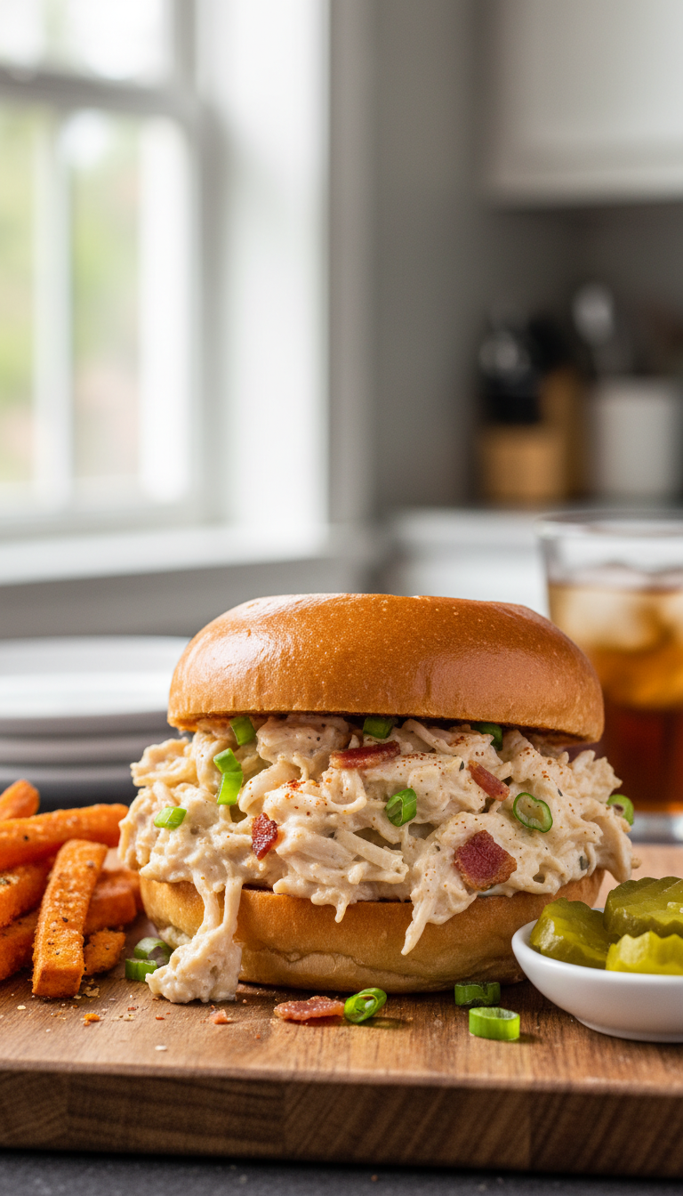 Close-Up Of A Toasted Brioche Bun Overflowing With Creamy Shredded Crack Chicken, Bacon, And Green Onions On A Rustic Wooden Board.