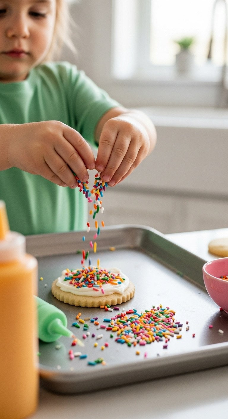 Close-Up Of A Toddler's Hands Joyfully Pouring Rainbow Sprinkles Onto A Frosted Sugar Cookie During A Fun Holiday Activity.