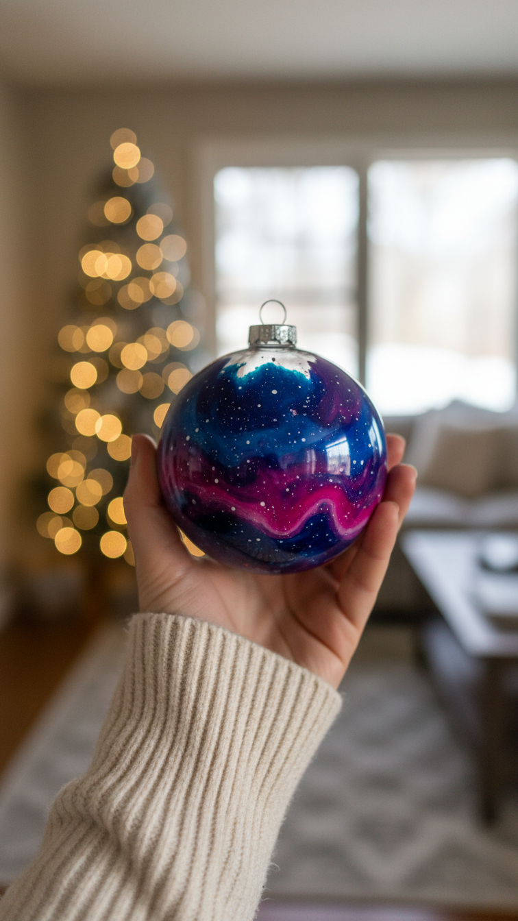 Close-Up Of A Vibrant Diy Galaxy Ornament Held In Hand Against Soft Bokeh Background With Swirling Blue, Purple, And Pink Paint Creating Nebula Effect With White Star Specks.