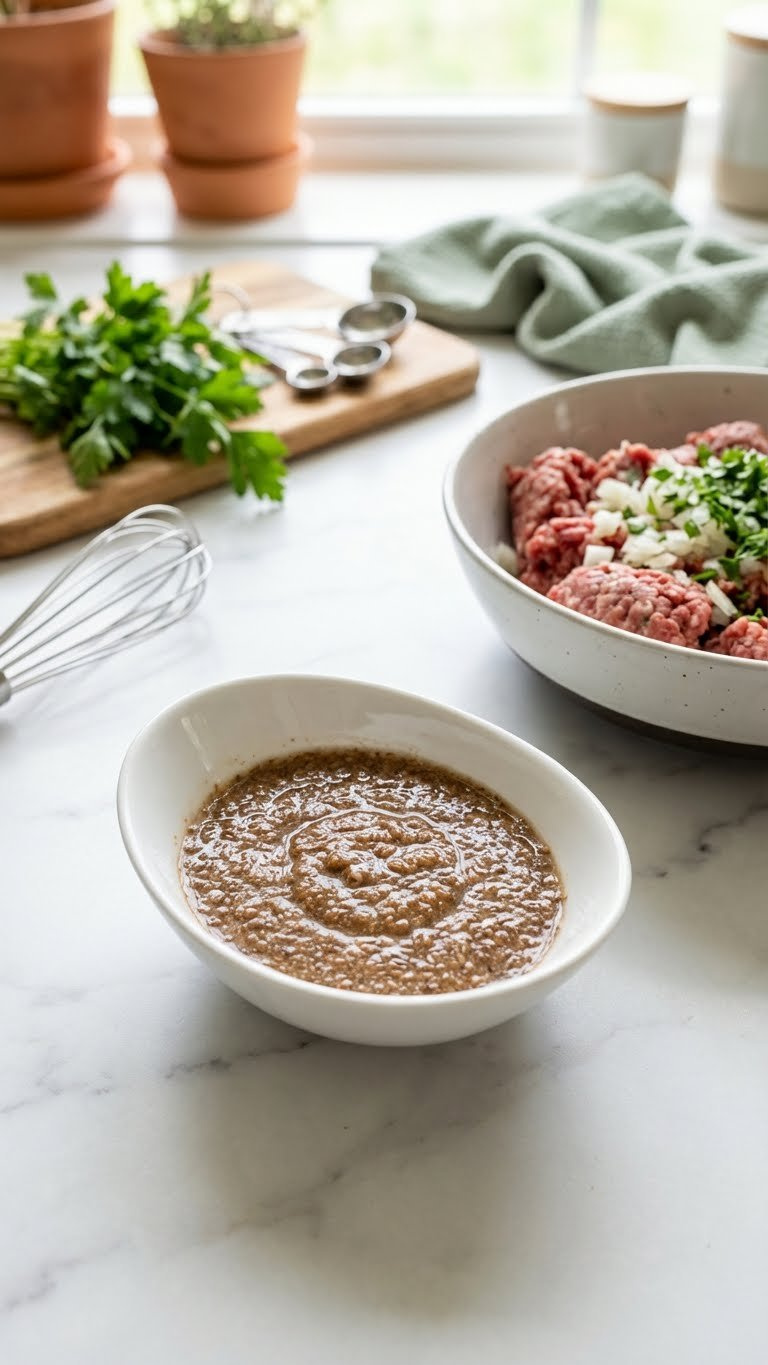 Close-Up Of A Viscous Brown Flax Egg In A White Bowl, Next To Ground Beef And Meatloaf Ingredients On Marble. Earthy Terracotta, Sage Green Tones.