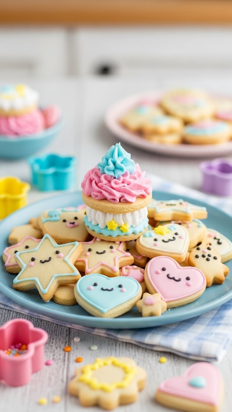 Close-Up Of Adorable Kawaii Sugar Cookies Shaped Like Stars And Hearts With Vibrant Pastel Icing On Ceramic Plate