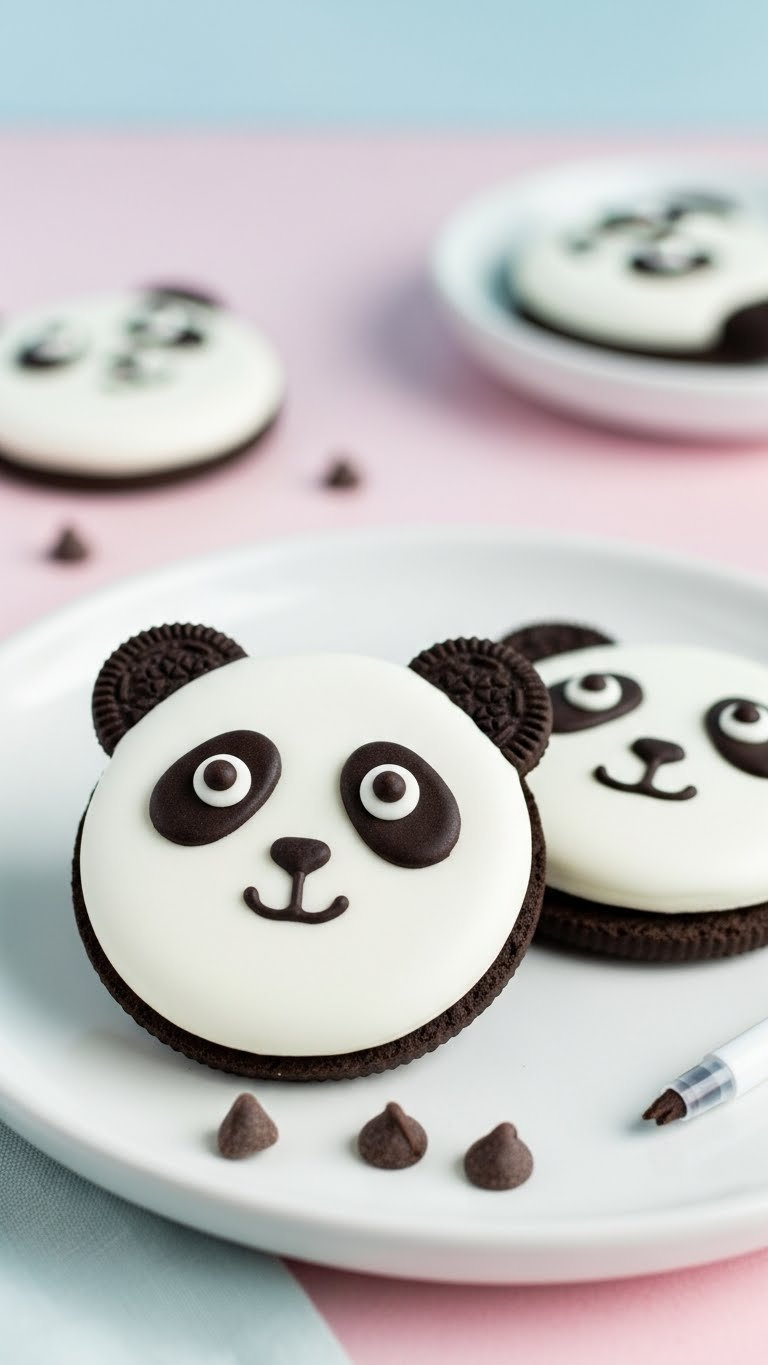 Close-Up Of Adorable Panda Face Cookies With Oreo Bases And Chocolate Chip Eyes On White Ceramic Plate With Soft Pastel Background