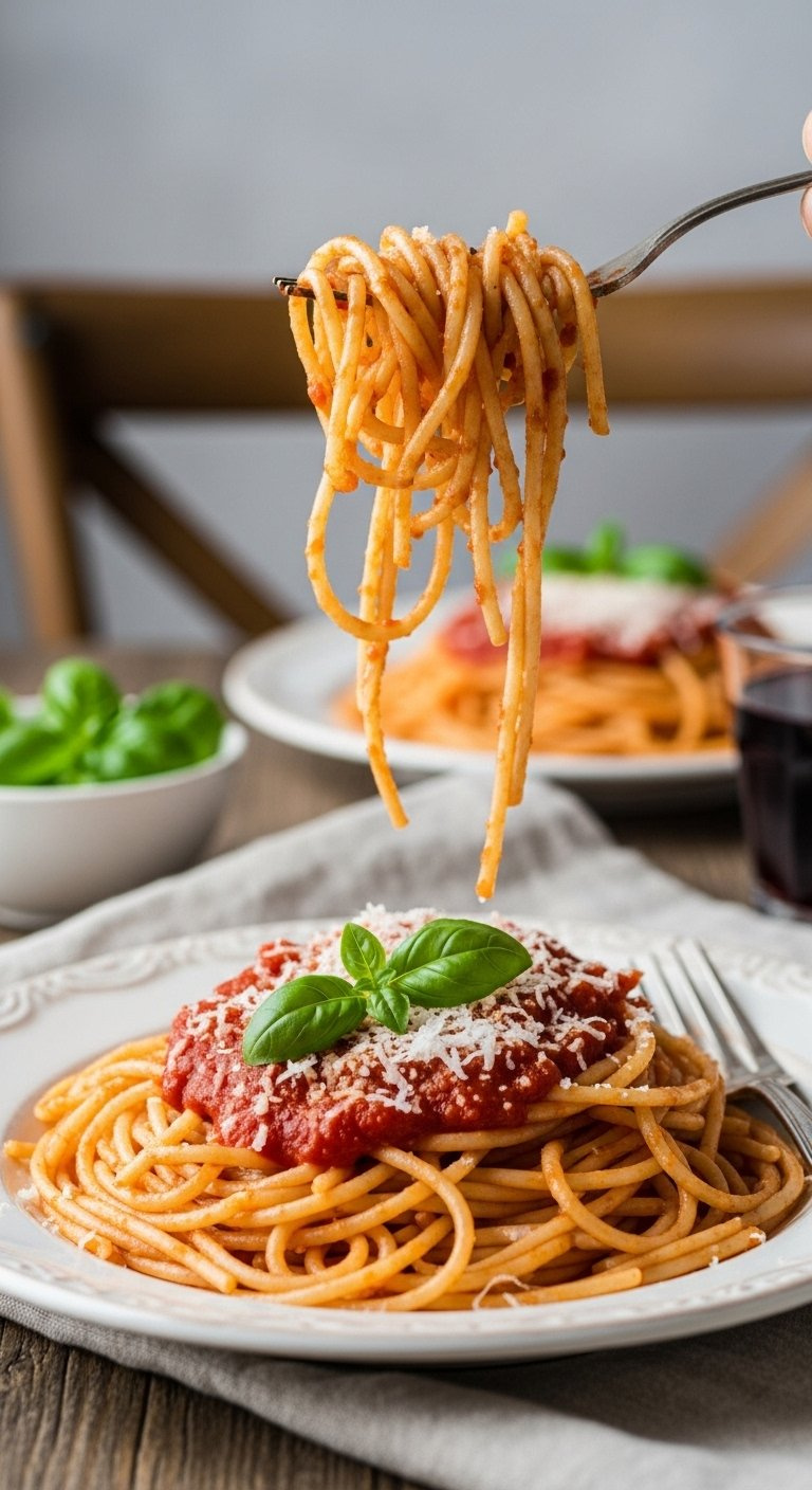 Close-Up Of Al Dente Spaghetti With Rich Tomato Sauce, Parmesan, And Fresh Basil On A Vintage Plate.