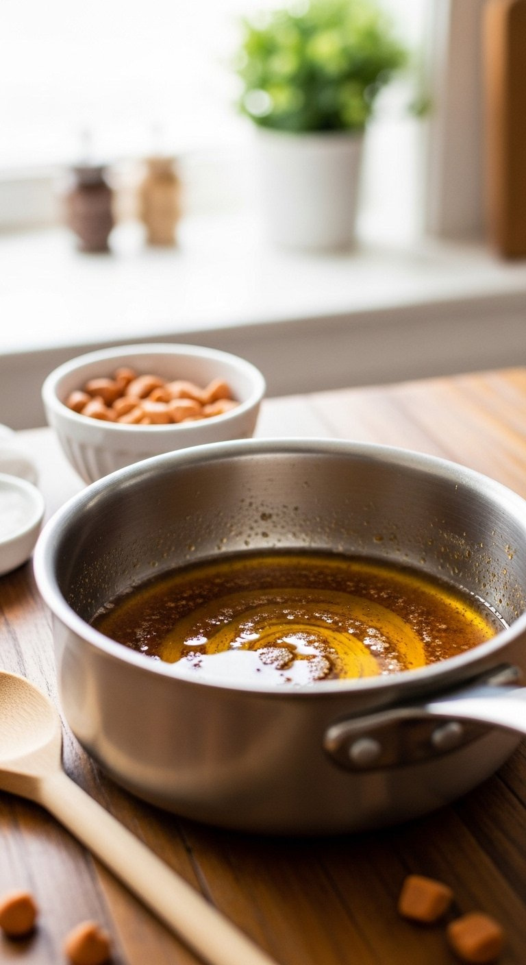 Close-Up Of Amber Browned Butter With Dark Milk Solids In A Stainless Steel Saucepan On A Rustic Wooden Table.