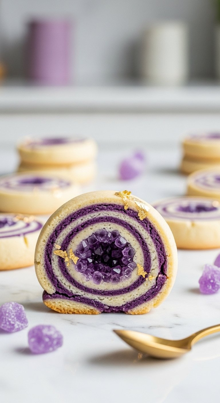 Close-Up Of Amethyst Purple And Gold Geode Spiral Cookie With Sparkling Sugar Crystals On White Marble.