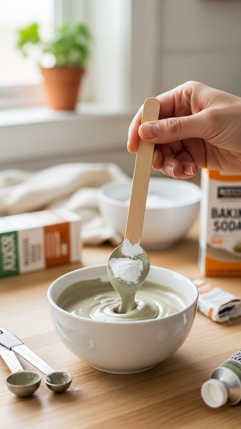 Close-Up Of Baking Soda And Acrylic Paint Mixture Being Stirred In White Ceramic Bowl With Craft Stick And Measuring Tools