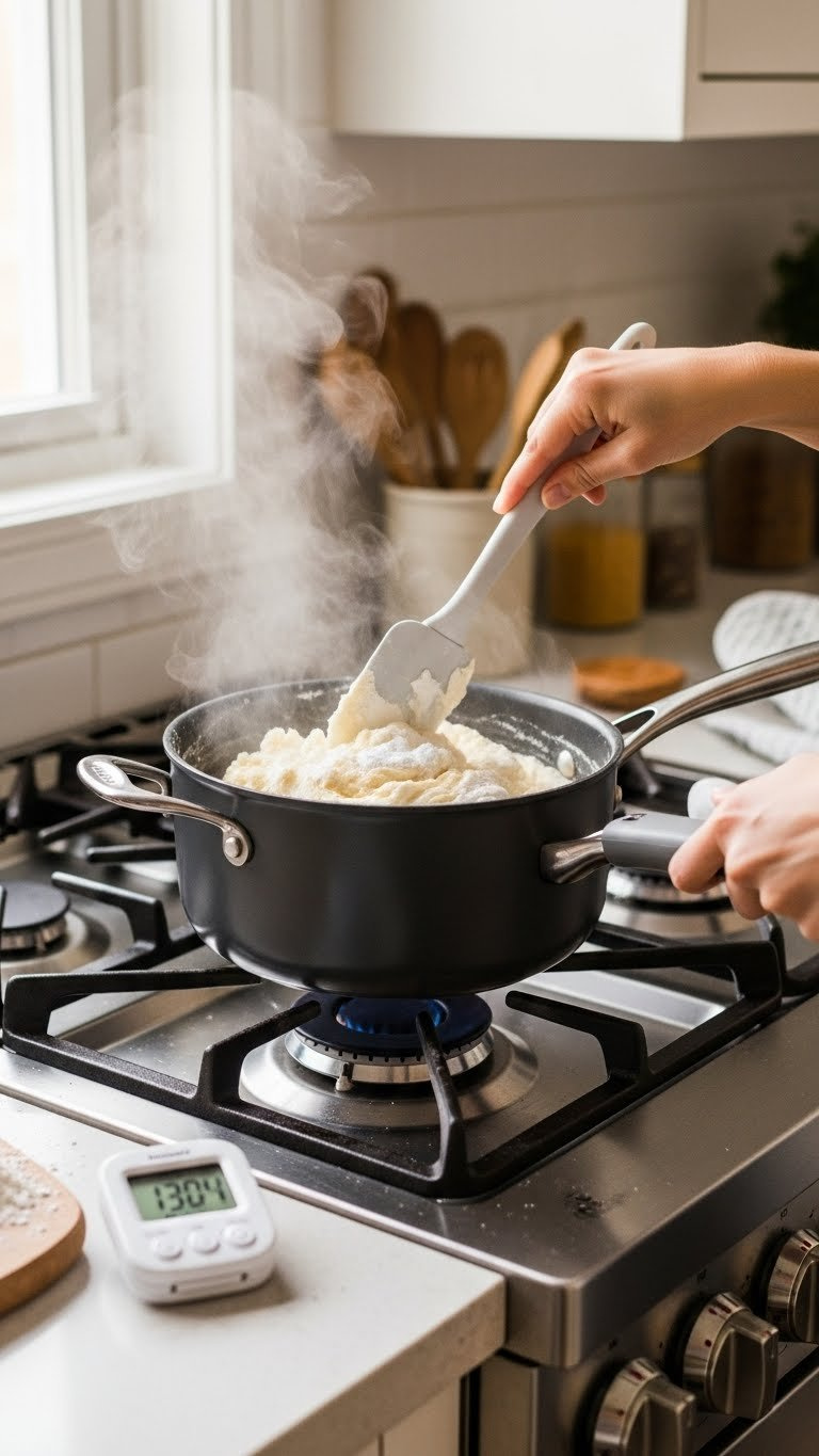 Close-Up Of Baking Soda And Cornstarch Mixture Cooking In Saucepan On Stovetop With Spatula Stirring Thick Dough Texture