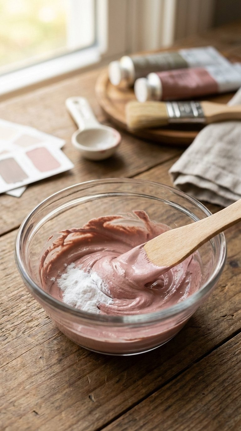 Close-Up Of Baking Soda Paint Being Mixed In Glass Bowl With Mini Spatula, Showing Creamy Texture Against Rustic Wooden Background