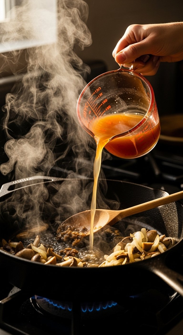 Close-Up Of Beef Broth Pouring Into A Hot Cast Iron Skillet To Deglaze With Steam Rising.