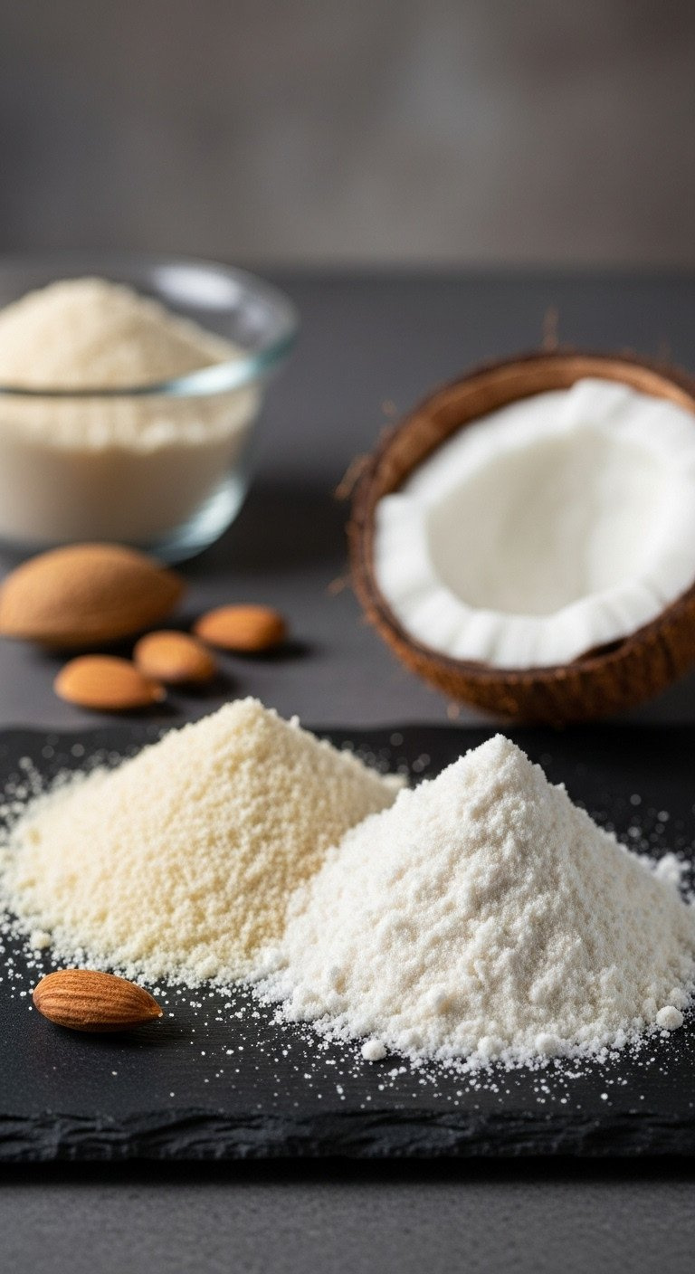 Close-Up Of Blanched Almond Flour And Fluffy Coconut Flour Side-By-Side On A Dark Slate Surface For Comparison.
