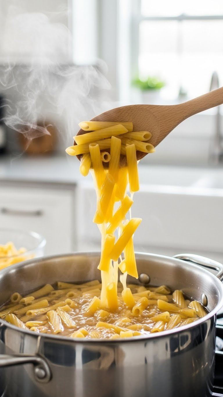 Close-Up Of Boiling Ziti Pasta Tubes In Stainless Steel Pot With Steam Rising Against Soft Blurred Kitchen Background