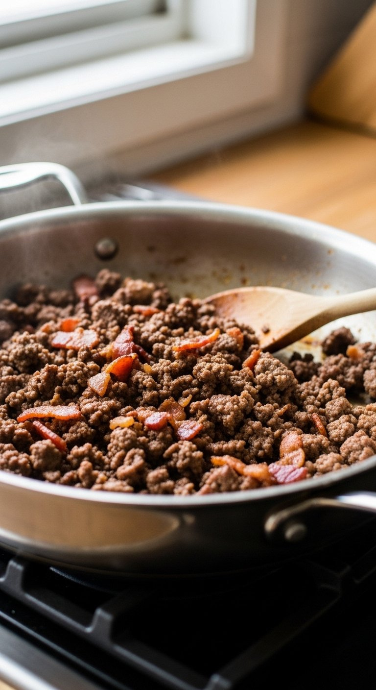 Close-Up Of Browned Ground Beef And Crispy Bacon Bits Sizzling In A Stainless Steel Skillet With A Wooden Spoon.