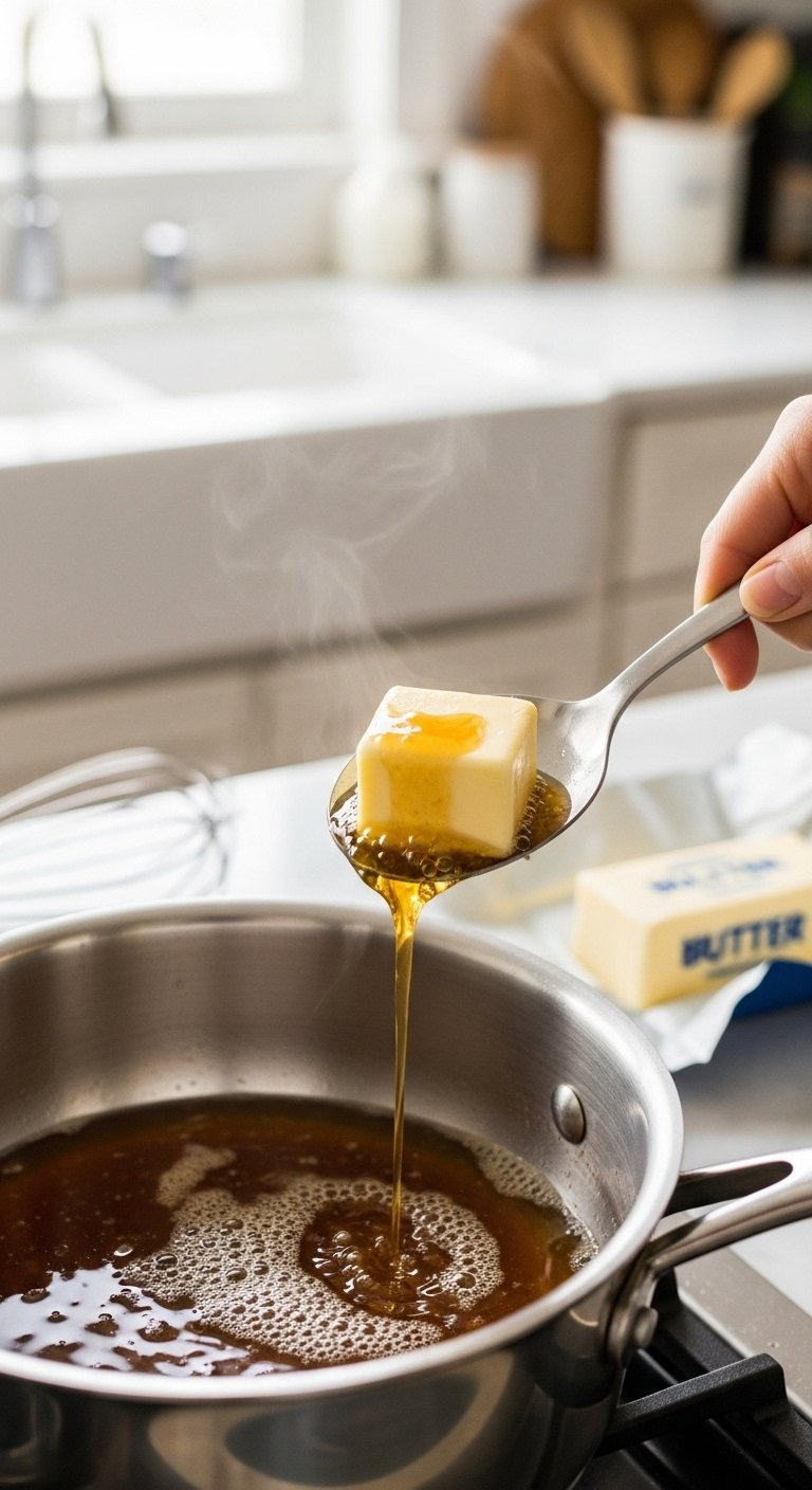 Close-Up Of Browning Butter In A Stainless Steel Saucepan Showcasing Toasted Milk Solids And A Foamy Amber Layer On A Marble Countertop.