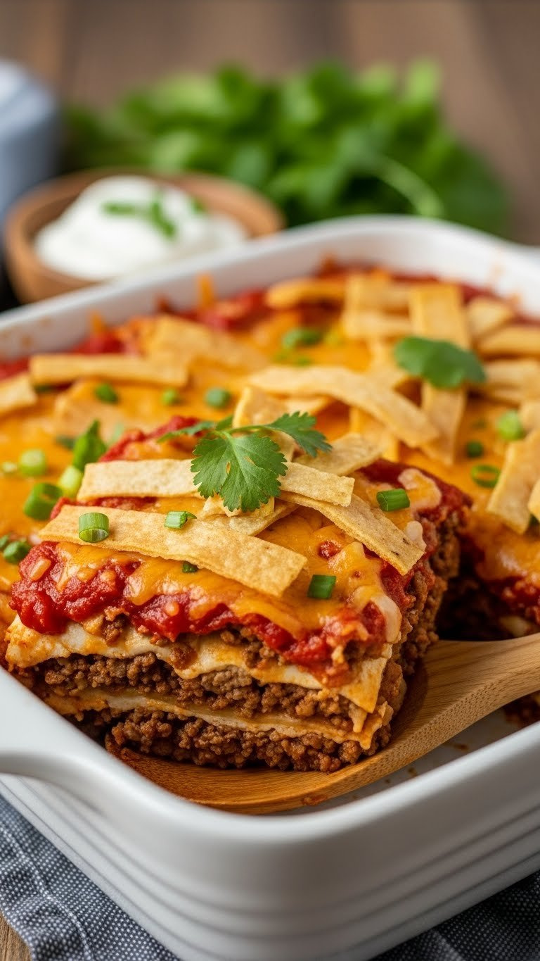 Close-Up Of Bubbly Ground Beef Taco Casserole With Crispy Tortilla Strips And Melted Cheddar Cheese In White Ceramic Dish