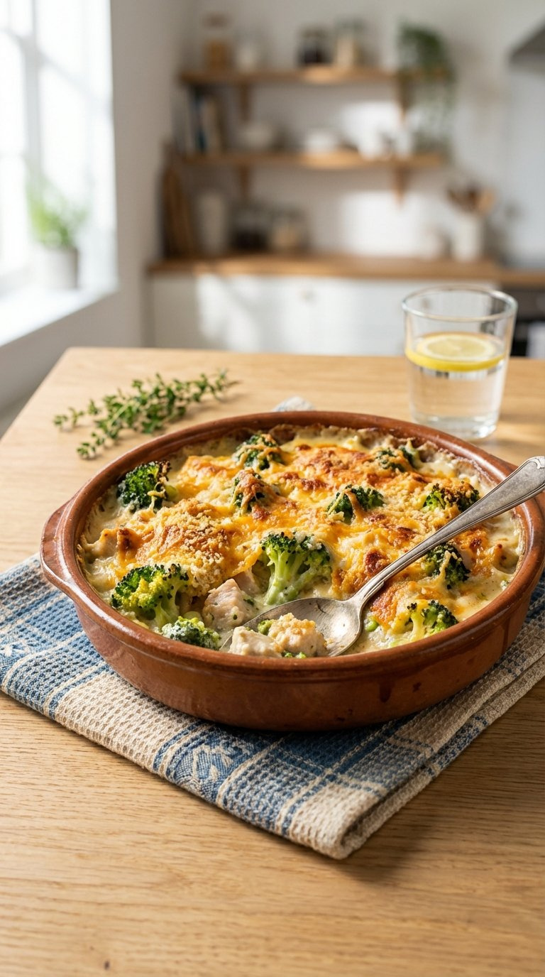 Close-Up Of Cheesy Broccoli Cheddar Chicken Bake Bubbling With Golden Brown Cheese Crust In Ceramic Dish