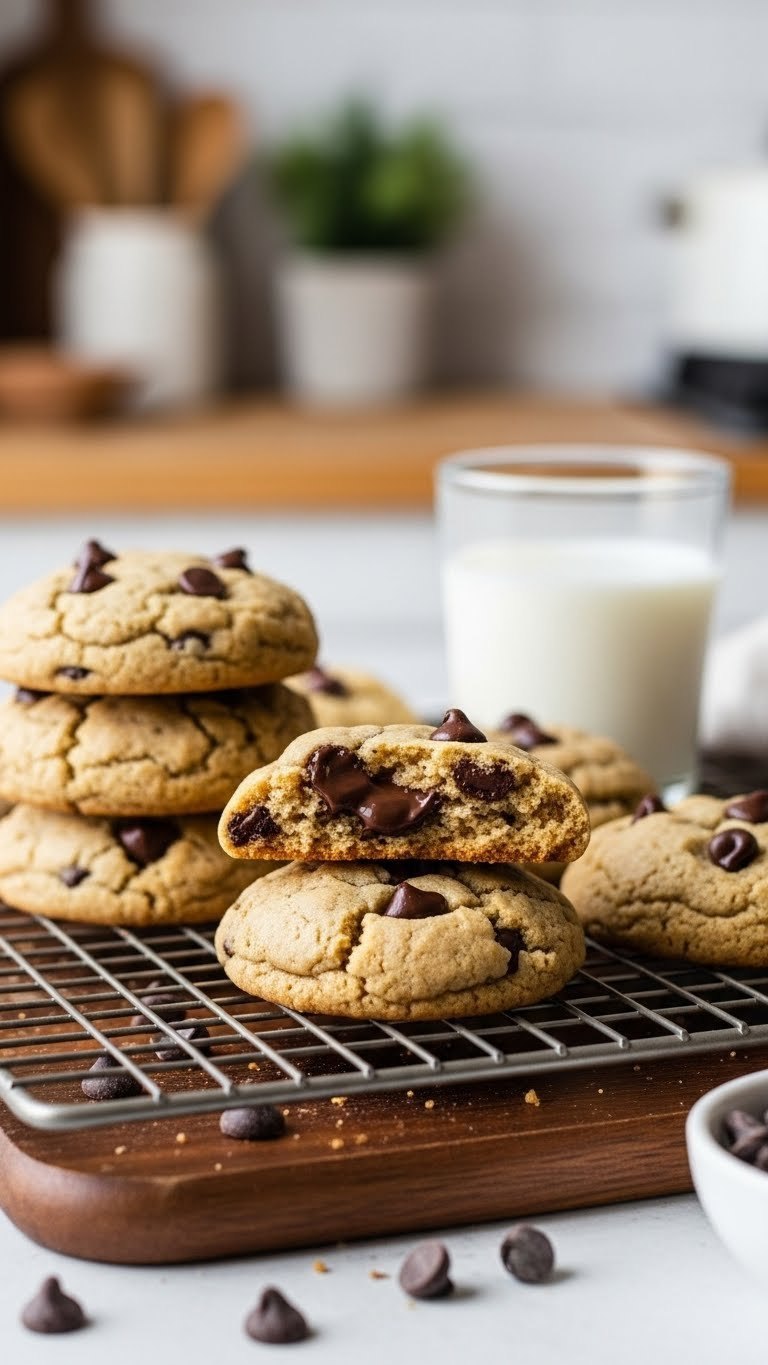 Close-Up Of Chewy Almond Flour Chocolate Chip Cookies Stacked On Cooling Rack With Melted Chocolate Chips Visible