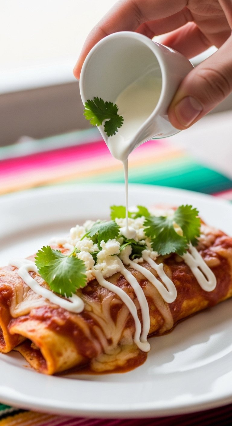 Close-Up Of Chicken Enchiladas Being Garnished With Drizzled Crema, Fresh Cilantro, And Crumbled Queso Fresco On A Colorful Textile.