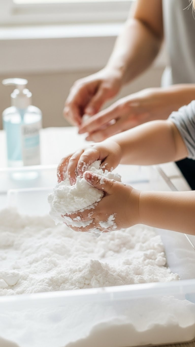 Close-Up Of Child's Hands Safely Molding Fake Snow With Adult Supervision Visible In Blurred Background