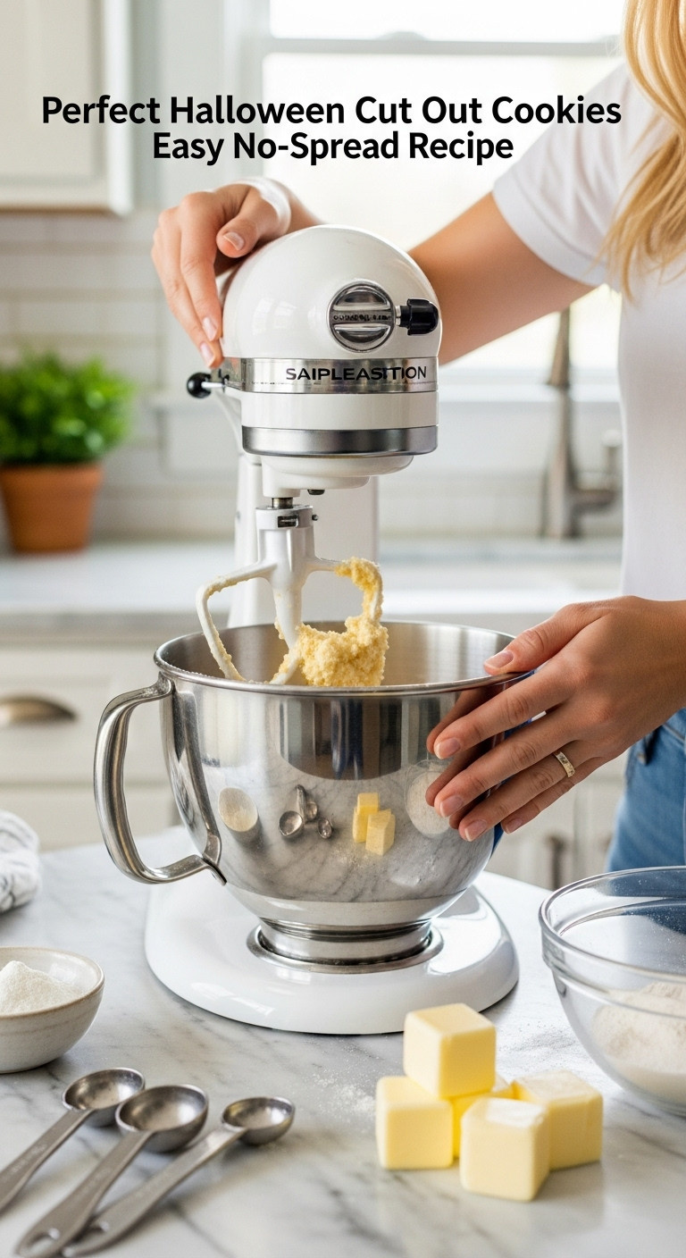 Close-Up Of Cold Butter And Granulated Sugar Creaming In A Stand Mixer, Forming Crumbly Dough For No-Spread Halloween Cut-Out Cookies.