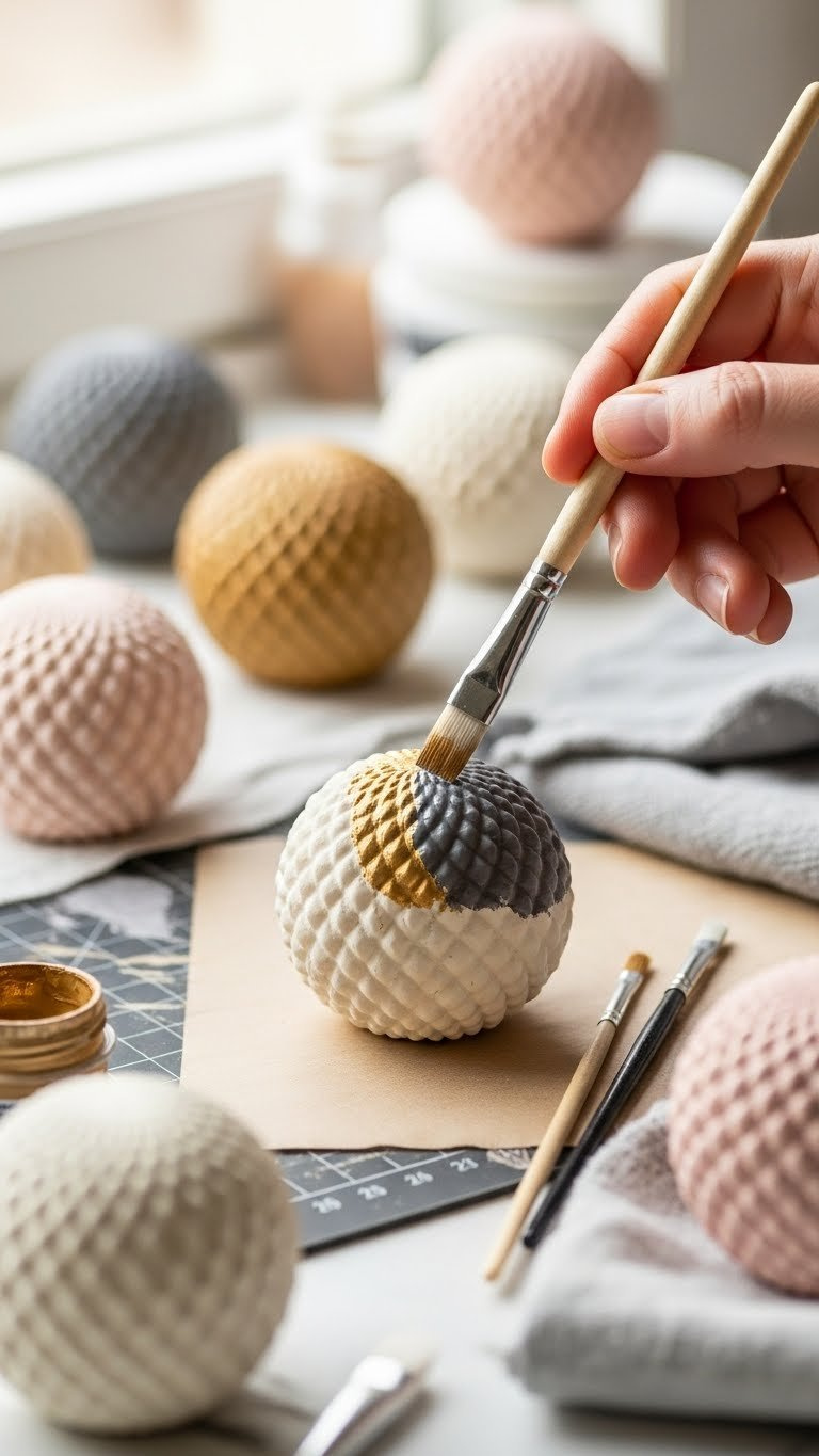 Close-Up Of Contrasting Baking Soda Paint Being Dabbed Onto Textured Ornament With Stencil Brush Creating Subtle Patterns
