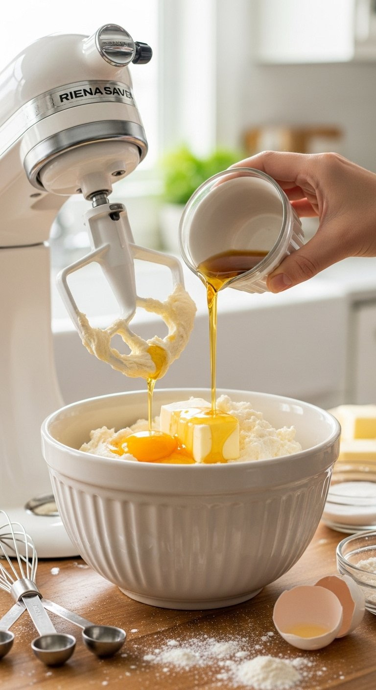 Close-Up Of Creaming Butter And Sugar In A Stand Mixer With Vanilla Extract And A Cracked Egg Yolk.
