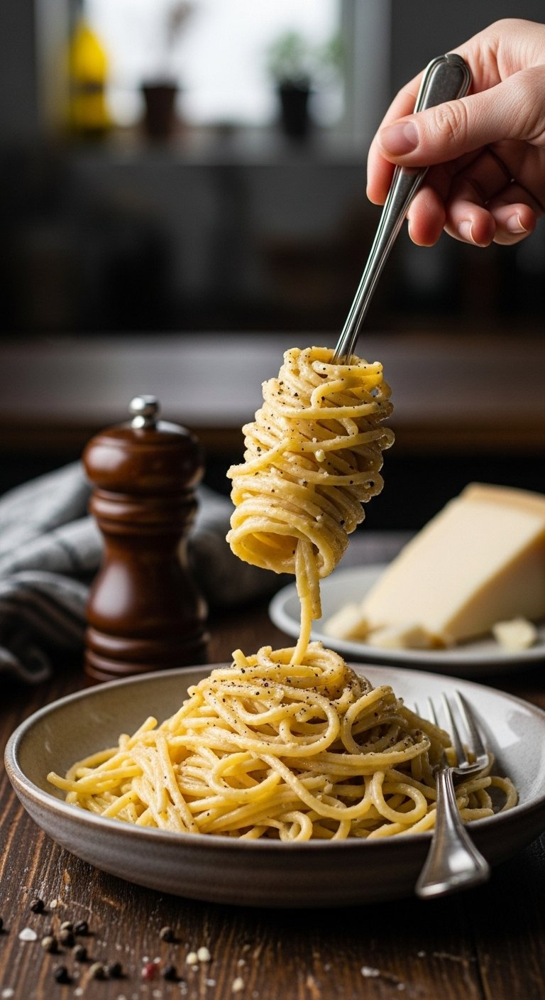 Close-Up Of Creamy Cacio E Pepe Pasta With Pecorino And Black Pepper In A Rustic Ceramic Bowl On A Dark Wooden Table.
