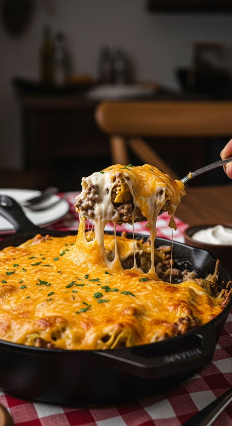 Close Up Of Creamy Cheesy Ground Beef And Cabbage Roll Skillet With Melted Cheddar And Serving Spoon On Checkered Tablecloth