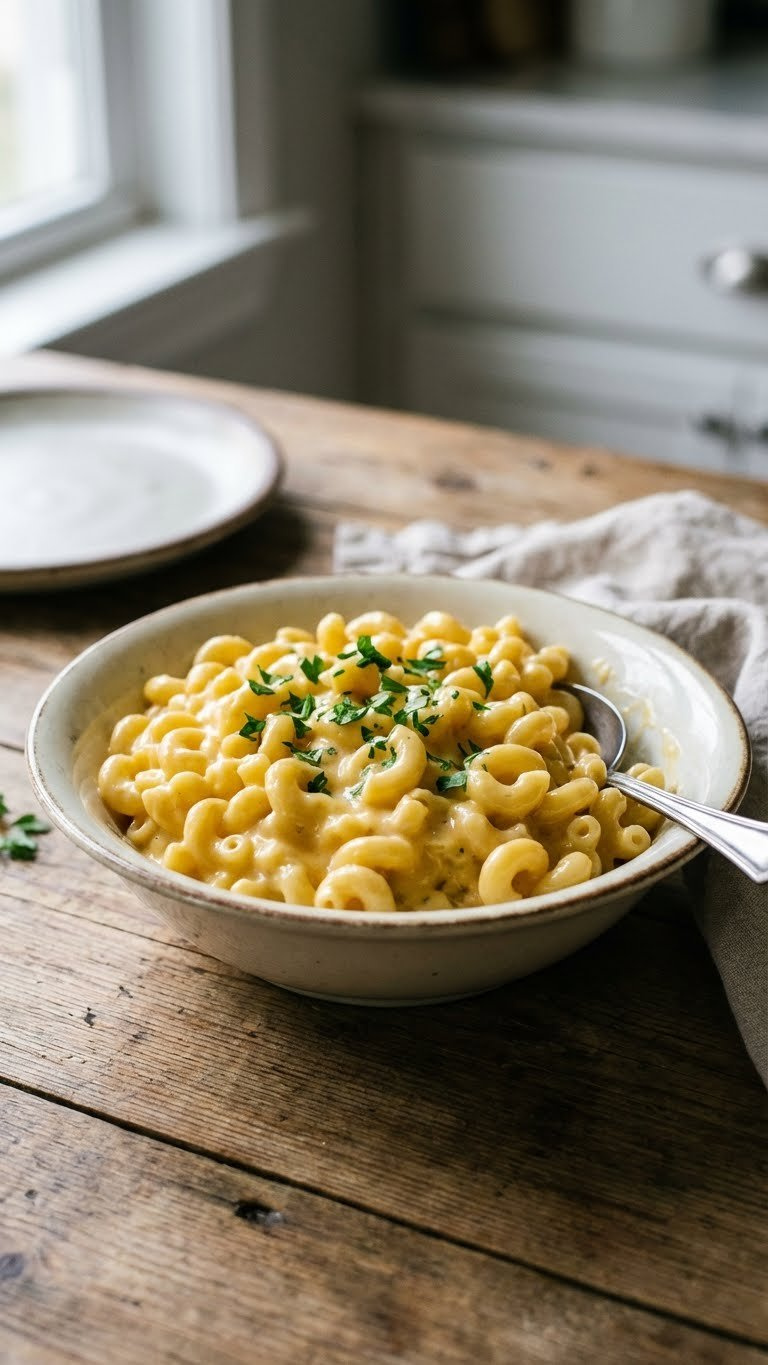 Close-Up Of Creamy Golden Instant Pot Mac And Cheese With Elbow Macaroni, Velvety Cheese Sauce, And Fresh Parsley On A Rustic Wooden Table.