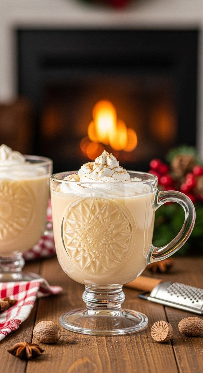 Close-Up Of Creamy Holiday Eggnog In A Clear Glass Cup, Topped With Whipped Cream And Nutmeg, On A Rustic Table With A Blurred Christmas Fireplace.