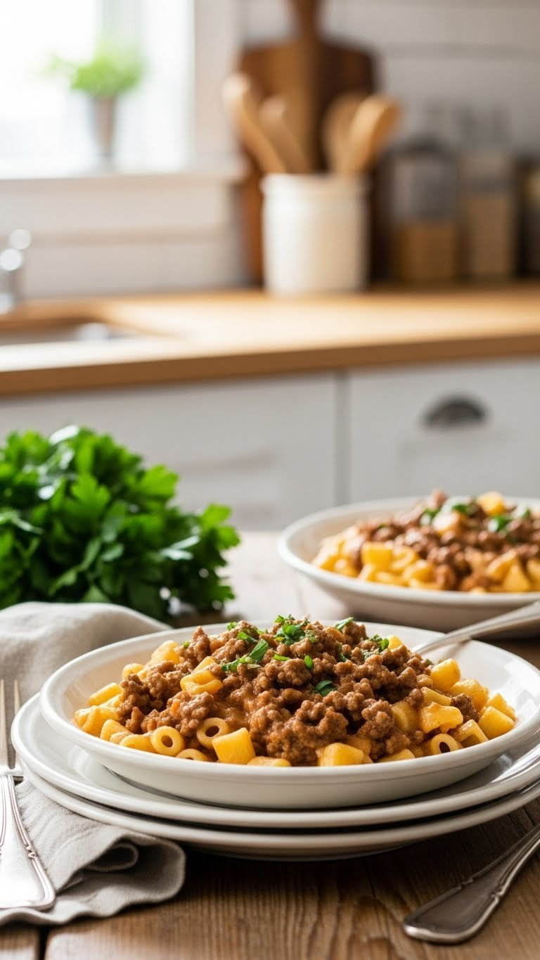 Close-Up Of Creamy Homemade Hamburger Helper With Pasta And Ground Beef In Rustic Bowl Garnished With Fresh Parsley