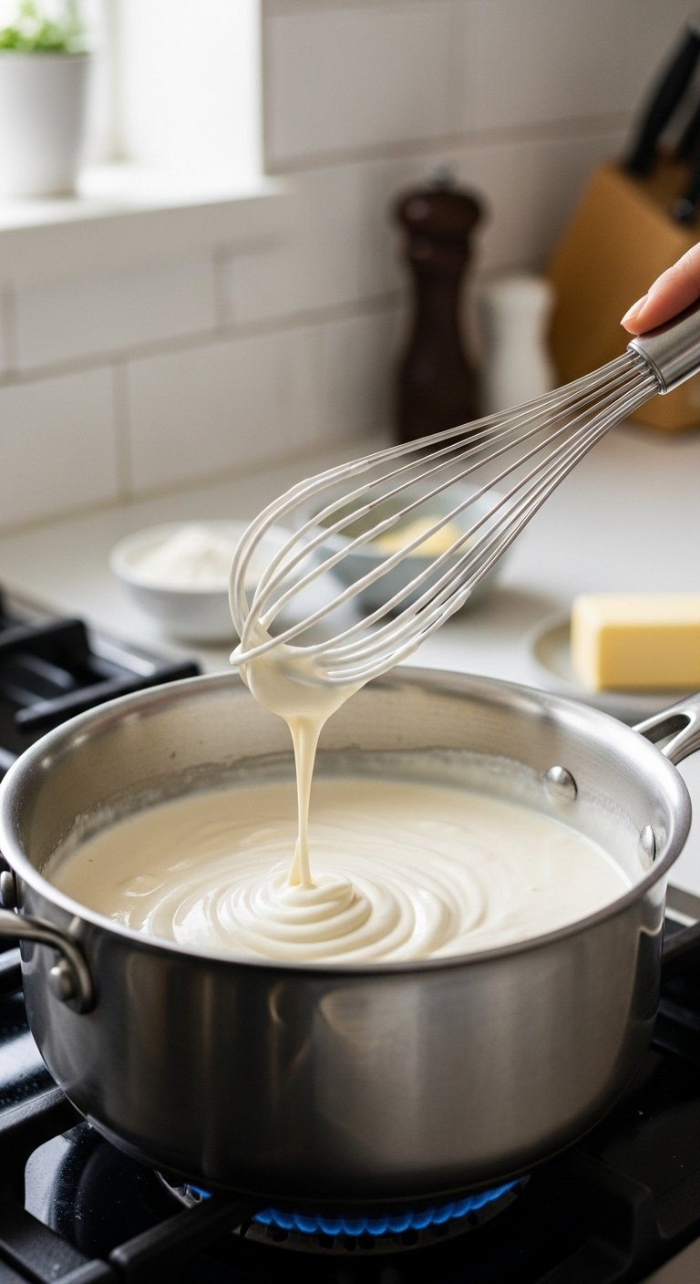 Close-Up Of Creamy Off-White Sour Cream Sauce Being Whisked In A Stainless Steel Pan On A Clean Stovetop.