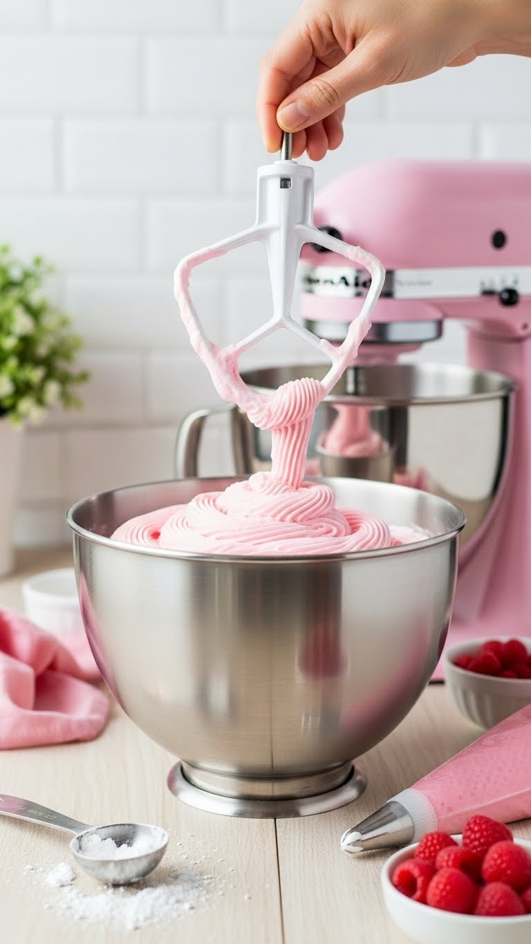 Close-Up Of Creamy Pastel Pink Frosting Being Swirled In Stainless Steel Mixing Bowl With Pink Kitchenaid Mixer In Background.