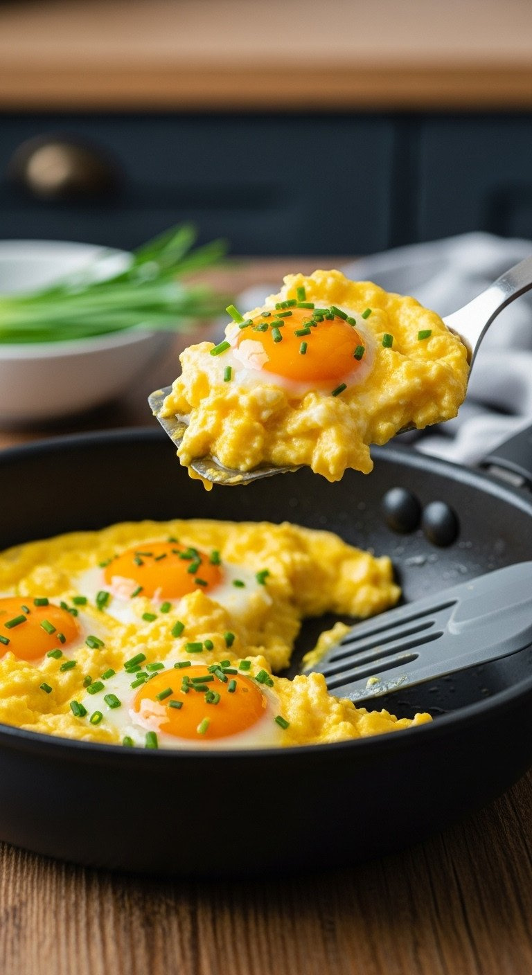 Close-Up Of Creamy Scrambled Eggs With Small Curds In A Dark Skillet On A Rustic Wood Table. A Perfect Breakfast Recipe Photo.