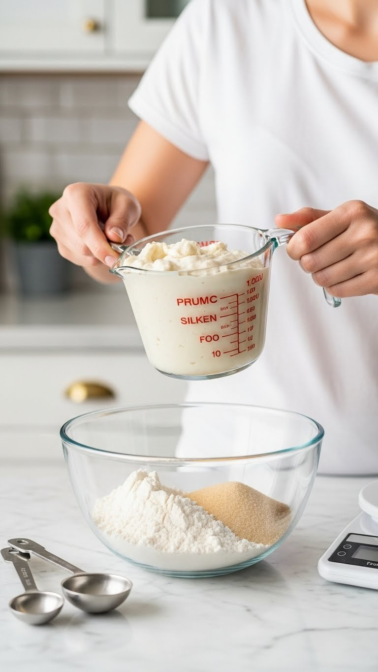 Close-Up Of Creamy Silken Tofu Precisely Measured In A Cup Over A Bowl With Flour, Emphasizing Accurate Baking Ingredients.