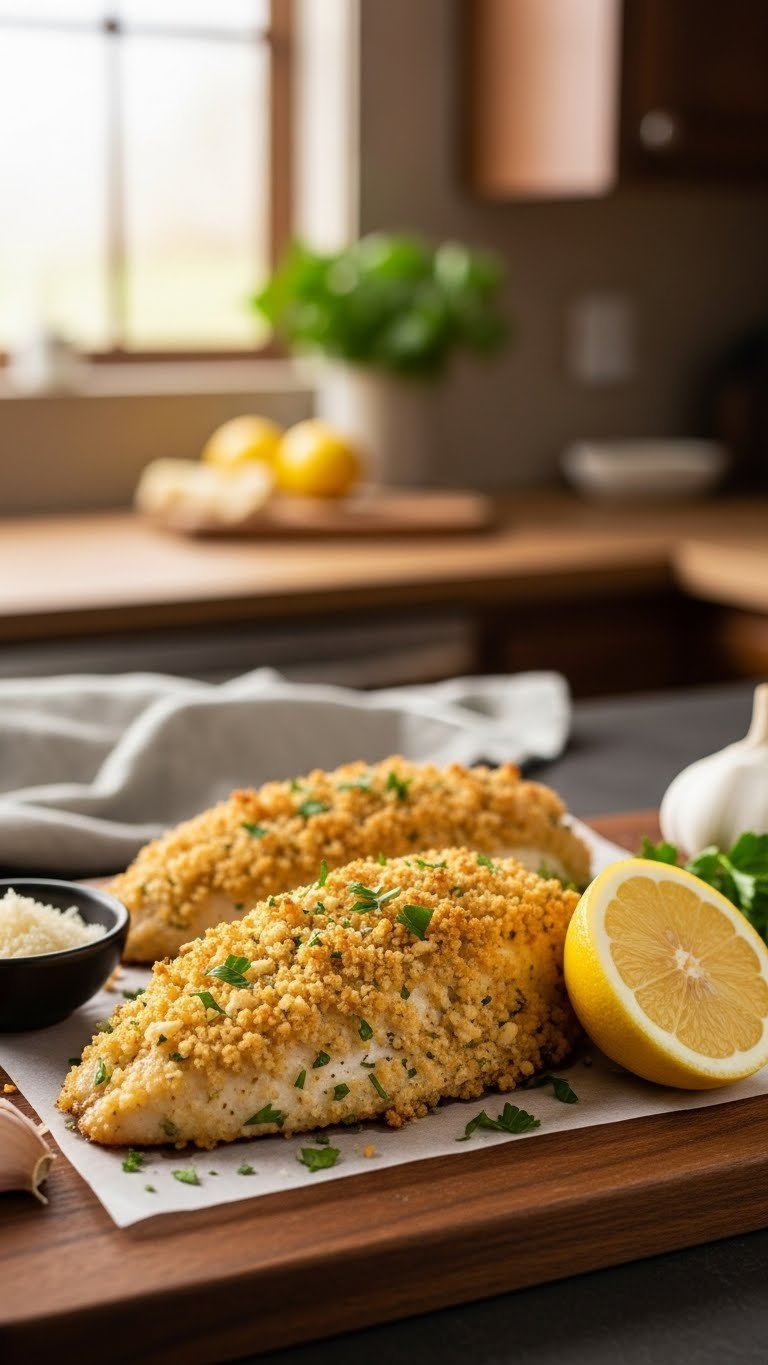 Close-Up Of Crispy Golden-Brown Garlic Parmesan Tilapia Fillets With Parsley Garnish On Rustic Wooden Board
