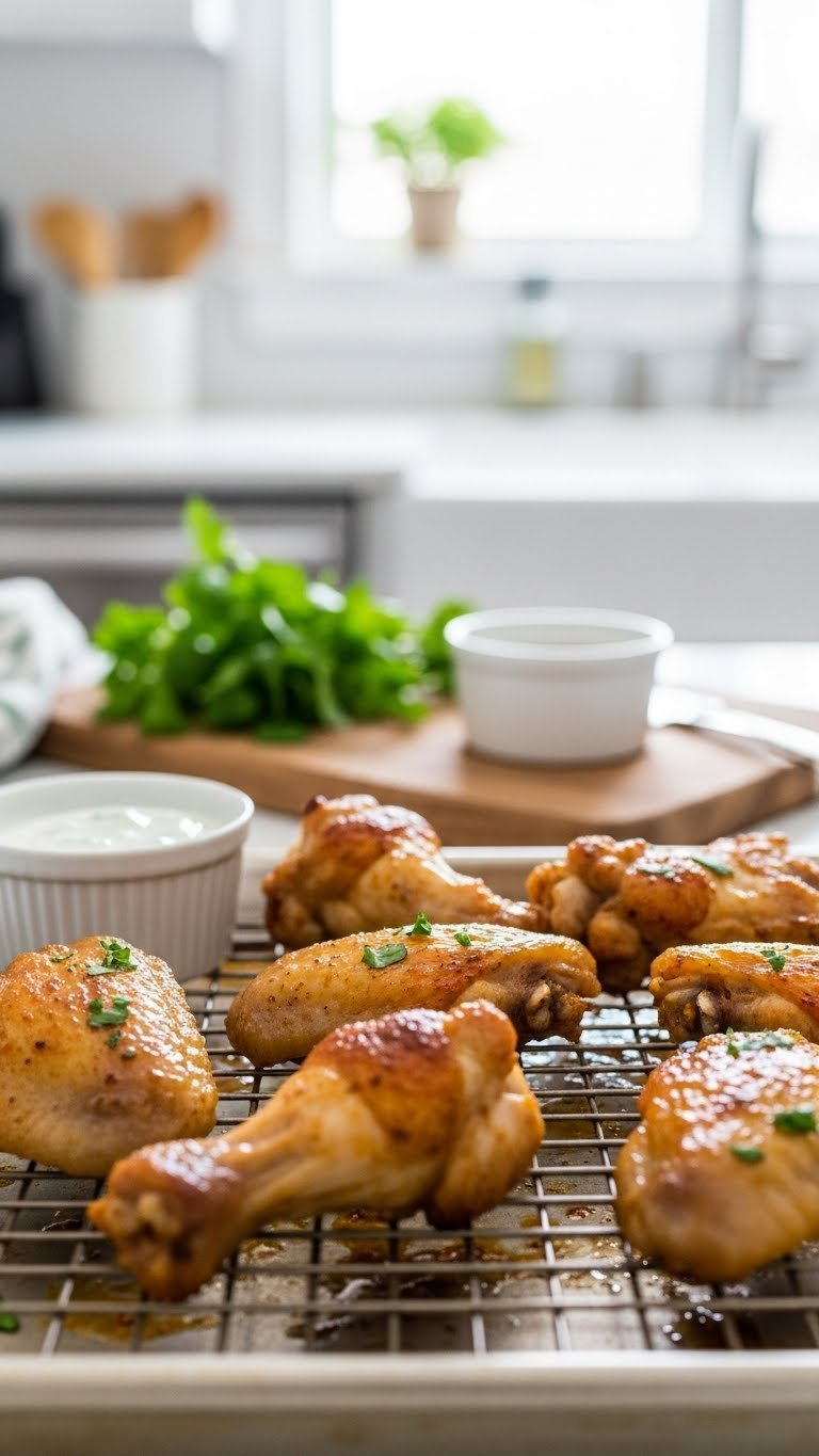 Close-Up Of Crispy Golden-Brown Oven Baked Chicken Wings On Wire Rack With Fresh Herbs And Dipping Sauce In Soft Natural Kitchen Lighting