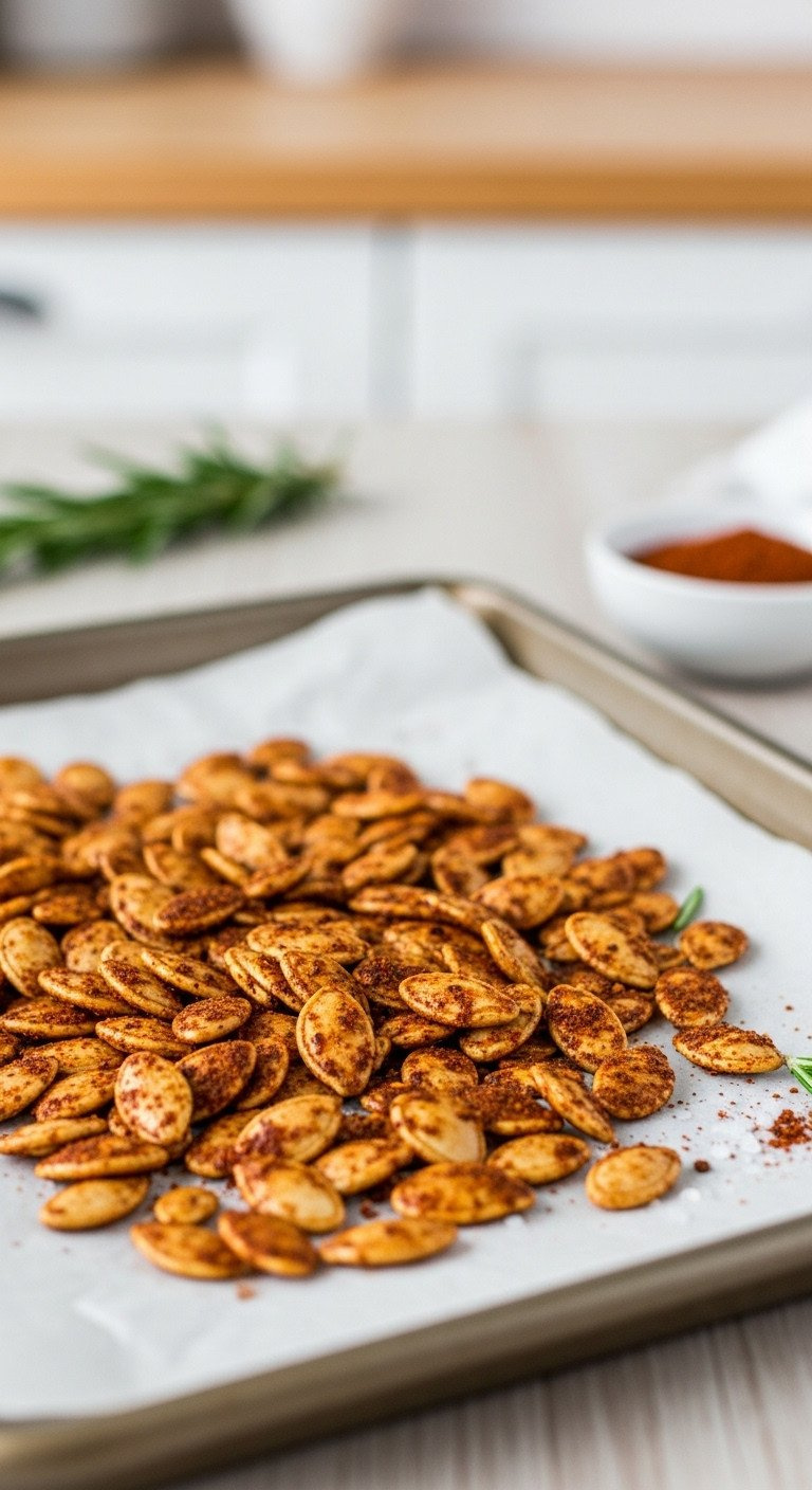 Close-Up Of Crispy, Savory Roasted Pumpkin Seeds Coated In Chili, Cumin, And Smoked Paprika Spice Blend On Parchment Paper.