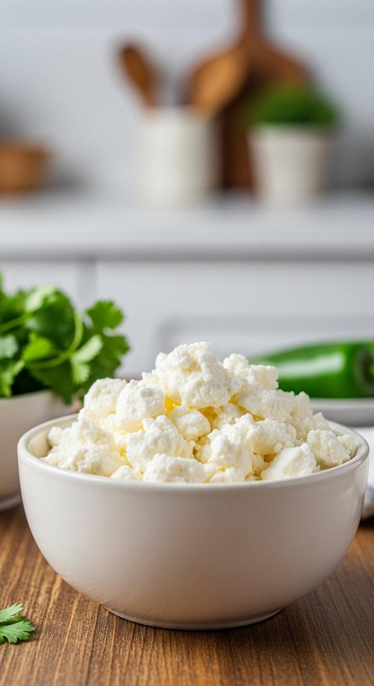 Close-Up Of Crumbled Goat Cheese In A White Bowl With Cilantro And Green Chile On A Rustic Wooden Table.