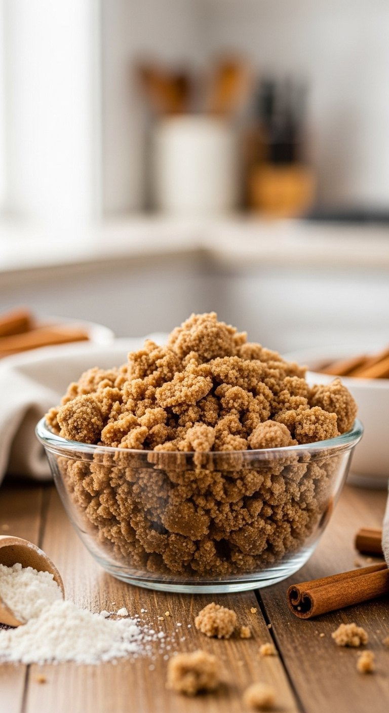 Close-Up Of Crumbly Brown Sugar Cinnamon Streusel Topping In A Glass Bowl On A Rustic Wooden Table.