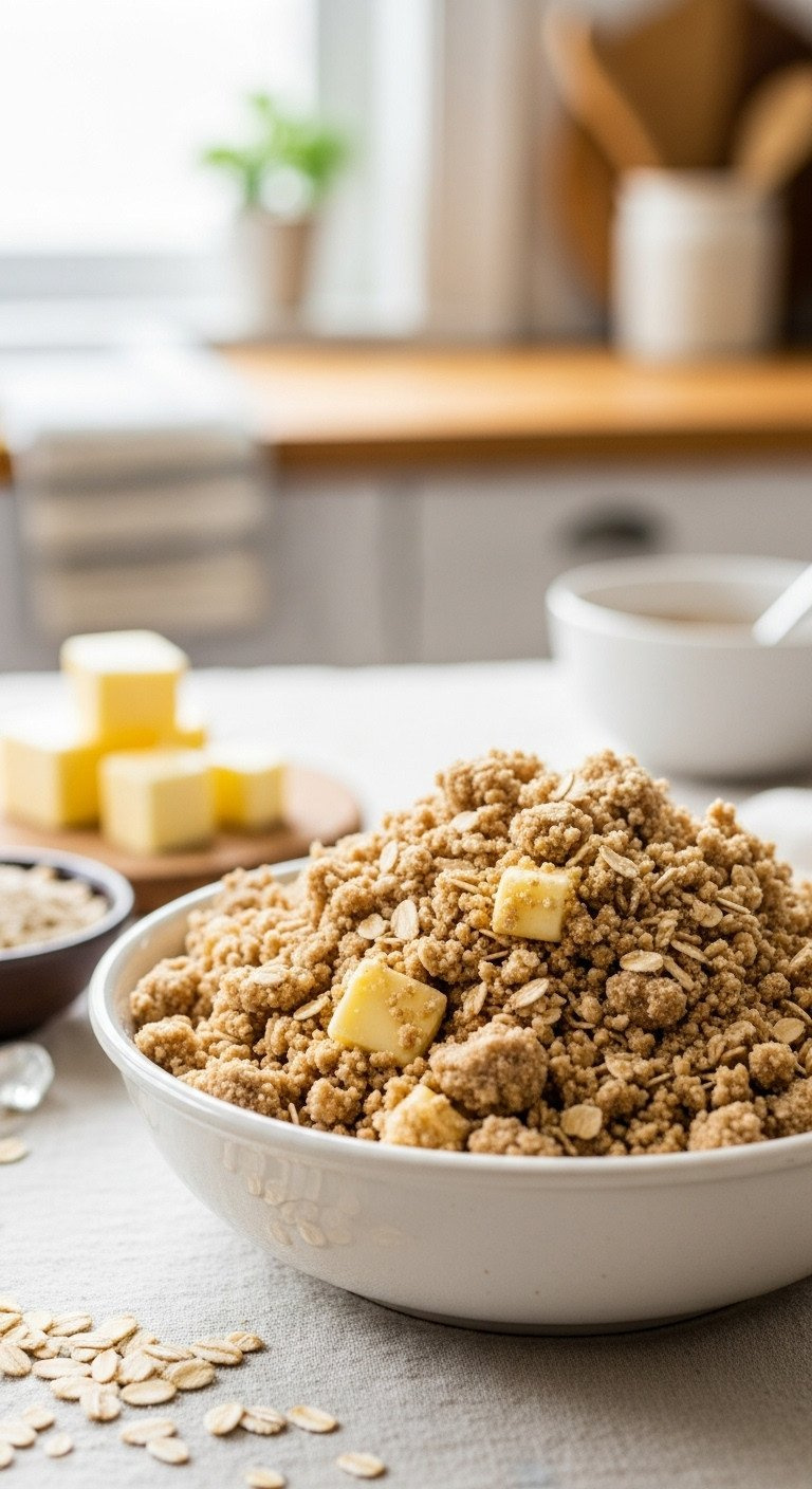 Close-Up Of Crumbly Oat Topping For Apple Crisp In A Ceramic Bowl, With Butter, Oats, And Flour On A Linen Tablecloth.