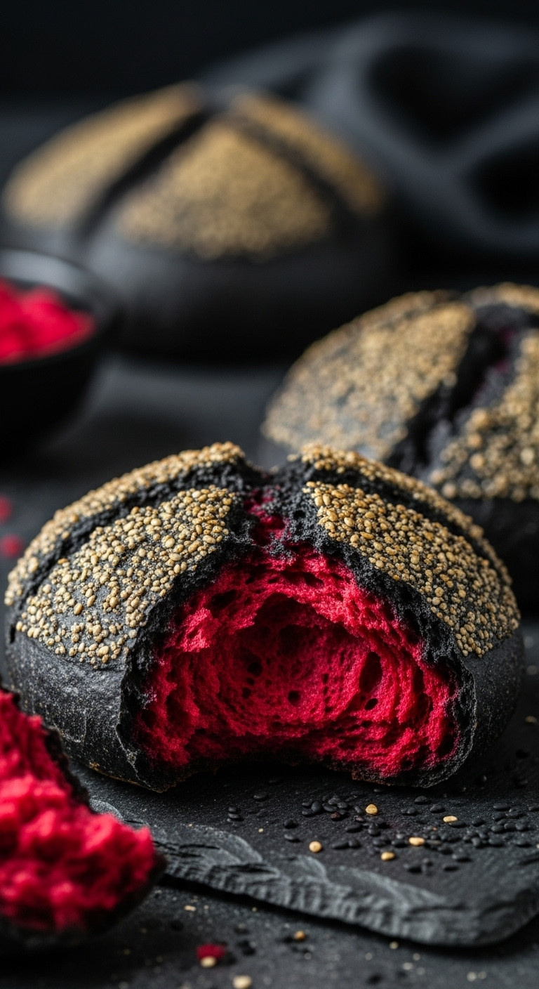 Close-Up Of Dark, Cracked Halloween Brimstone Bread Roll Revealing Vibrant Red Dough Inside On A Dark Stone Surface With Black Sesame Seeds