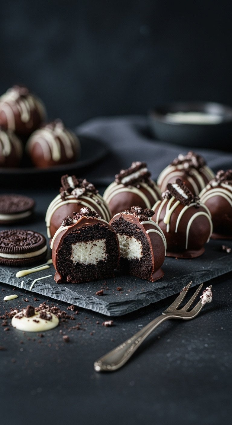 Close-Up Of Decadent Oreo Truffles On A Slate Board, One Cut To Show The Rich Cream Cheese And Cookie Filling.